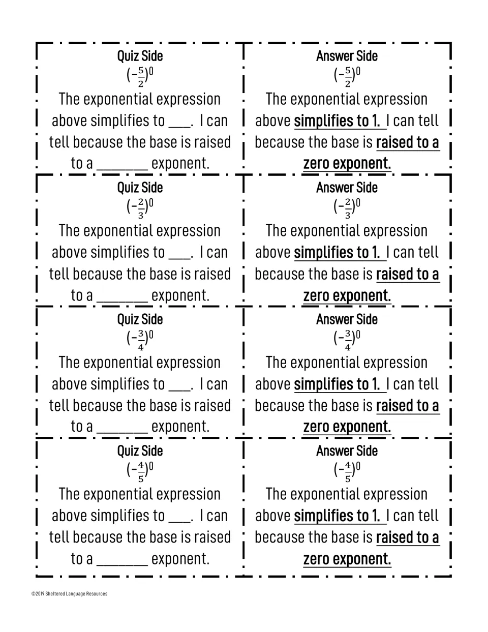 Zero exponent cards with negative fractions -5/2, -2/3, -3/4 and -4/5 raised to 0: partners quiz each other with the frame