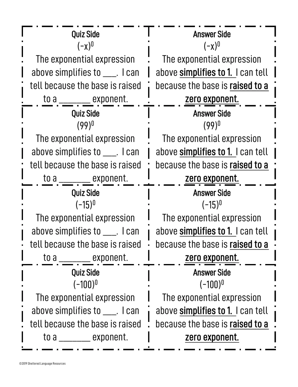 Zero exponent cards for -x, 99, -15 and -100 raised to zero: students complete the sentence frame with 1 and 'zero'