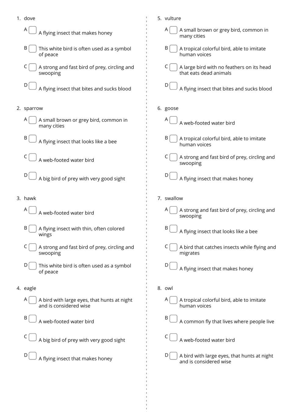 Air animals vocabulary quiz, questions 1–8: choose definitions for dove, sparrow, hawk, and five more birds