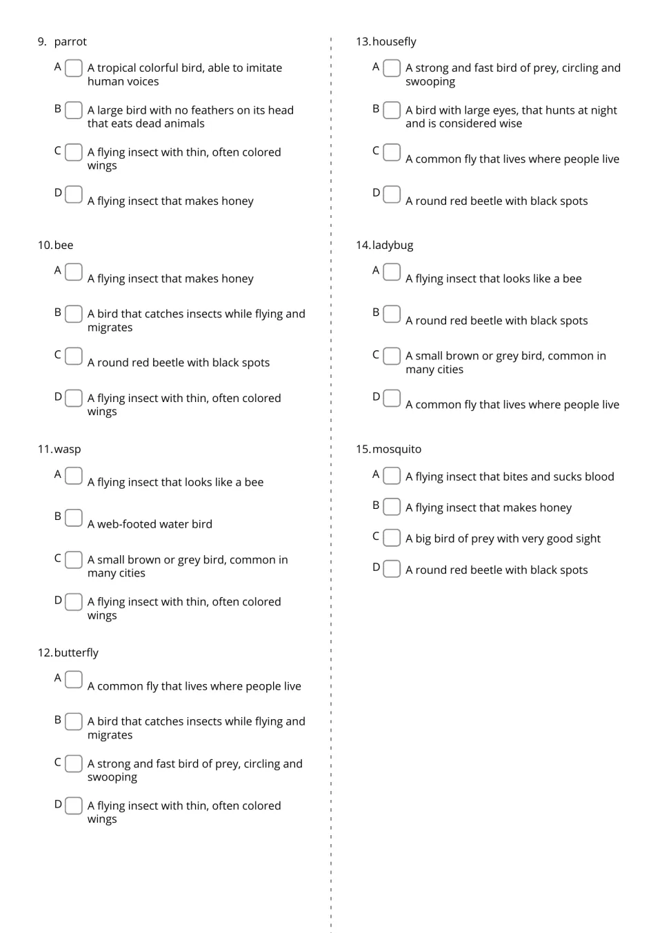 Air animals vocabulary quiz, questions 9–15: define parrot, bee, wasp, butterfly, housefly, ladybug, and mosquito