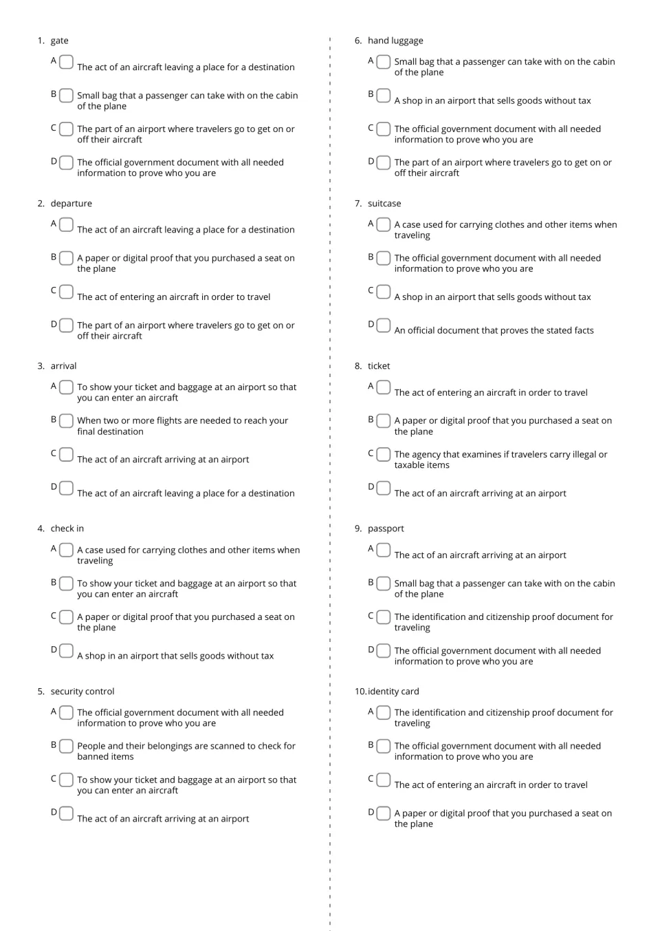 Airport vocabulary quiz, questions 1–10: choose definitions for gate, departure, arrival, and seven more terms