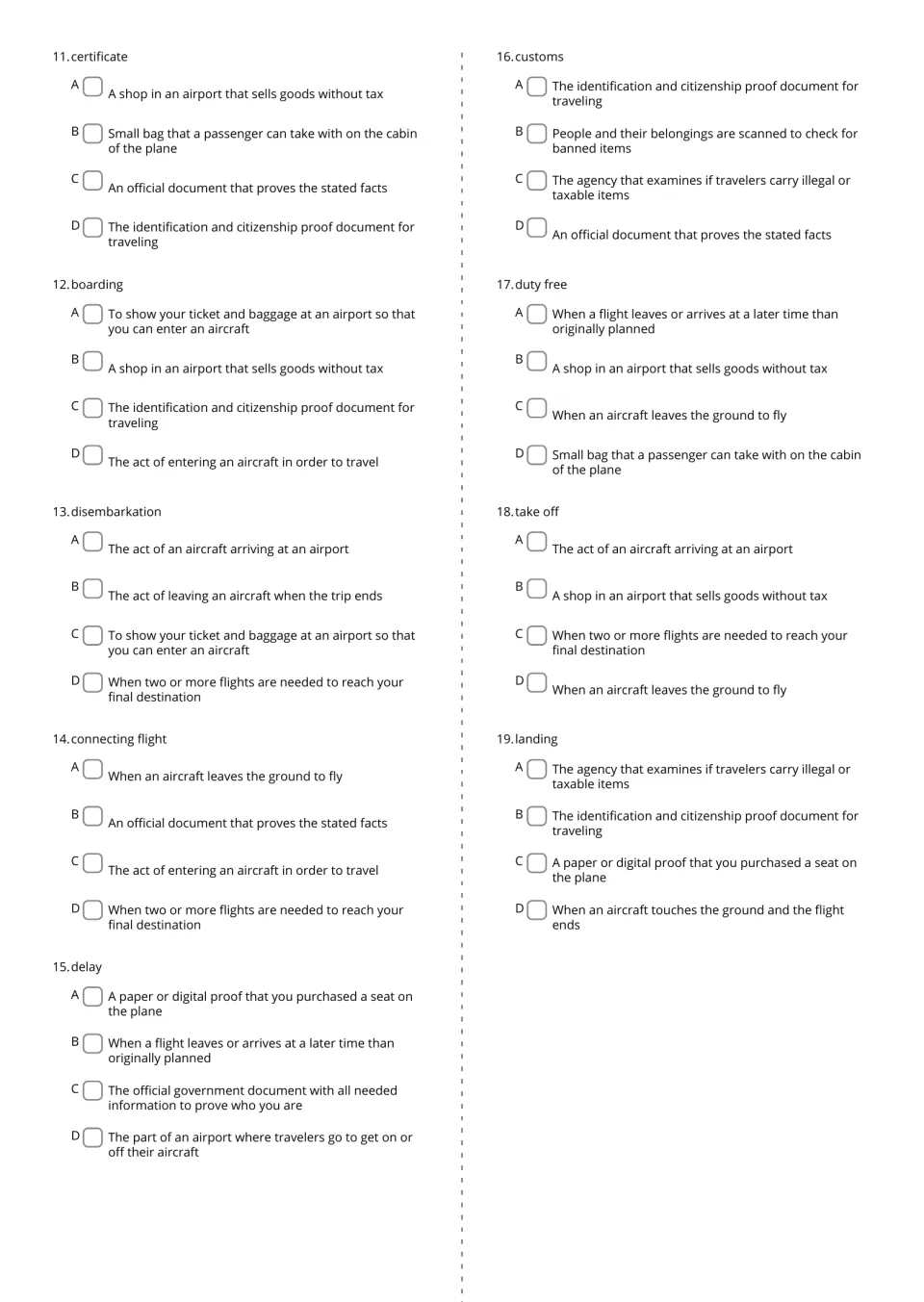 Airport vocabulary quiz, questions 11–19: define certificate, boarding, disembarkation, and six more terms