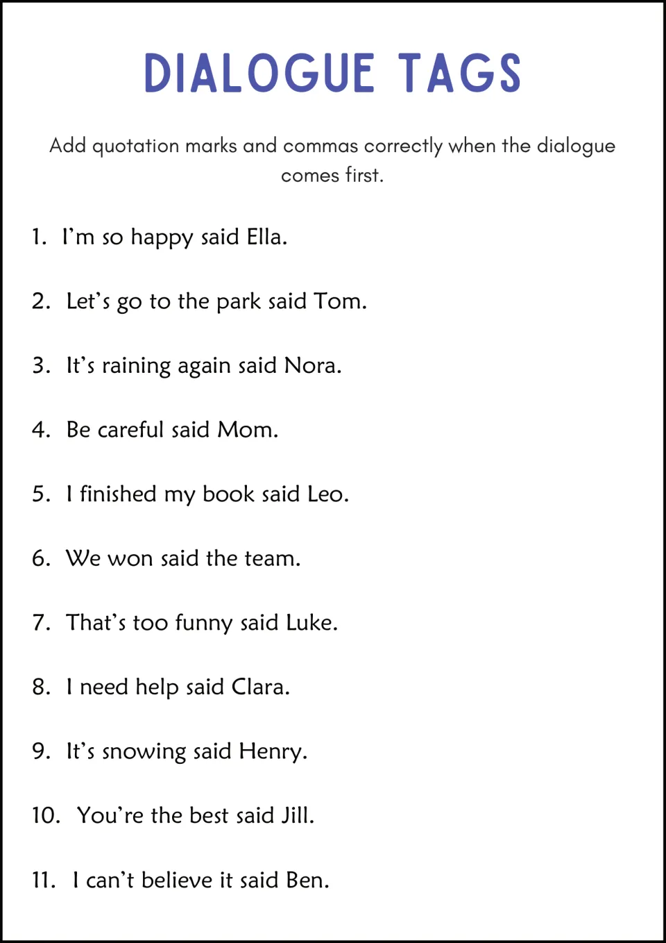 Dialogue tags last: students add quotation marks and commas to 11 lines where speech comes first, like Be careful said Mom