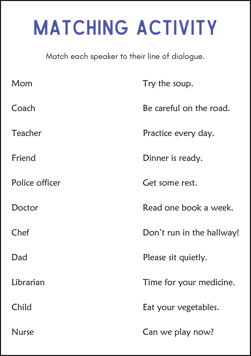 Matching activity: students match 11 speakers, such as Coach, Doctor and Librarian, to their line of dialogue