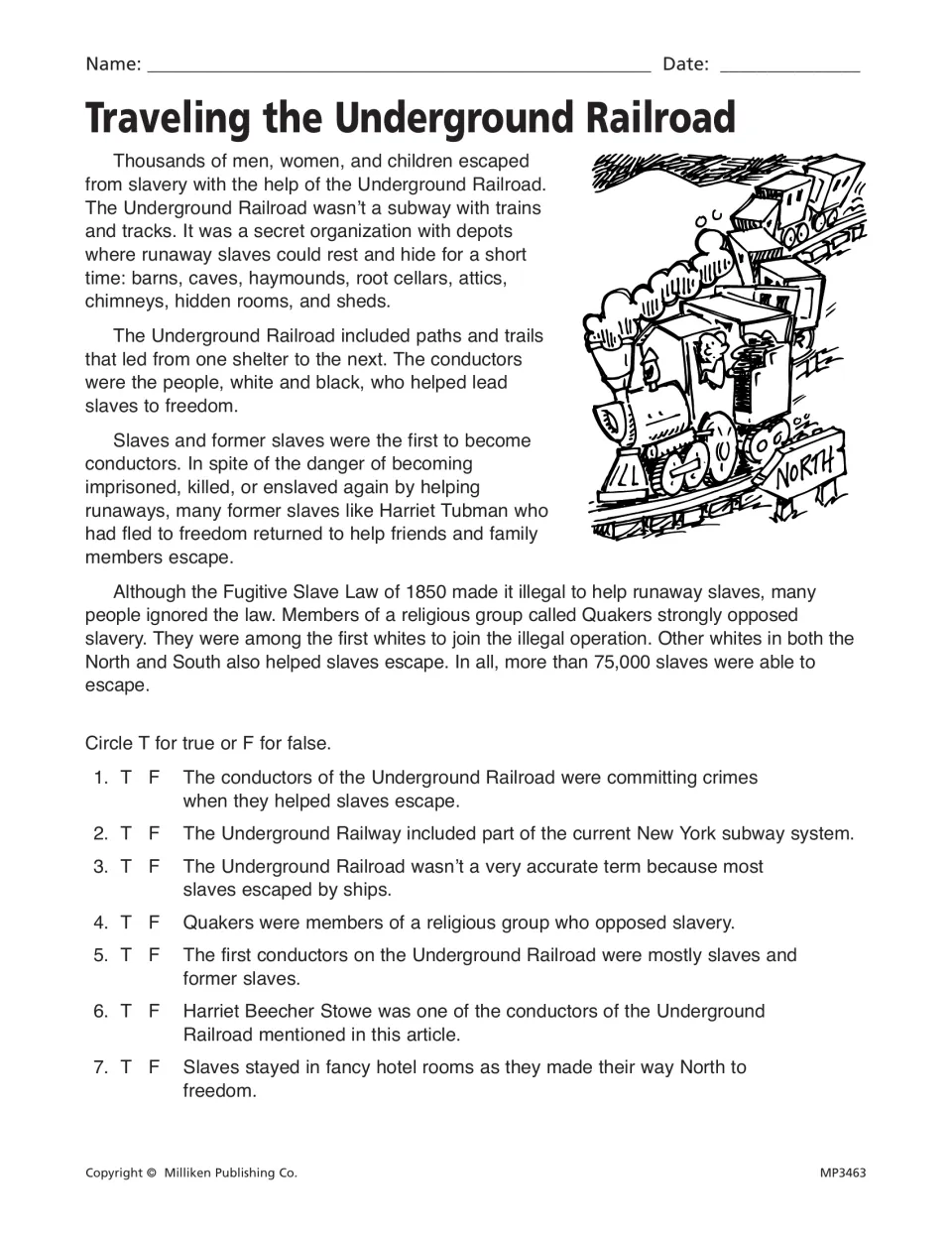Reading passage on the Underground Railroad followed by seven true-or-false comprehension questions.