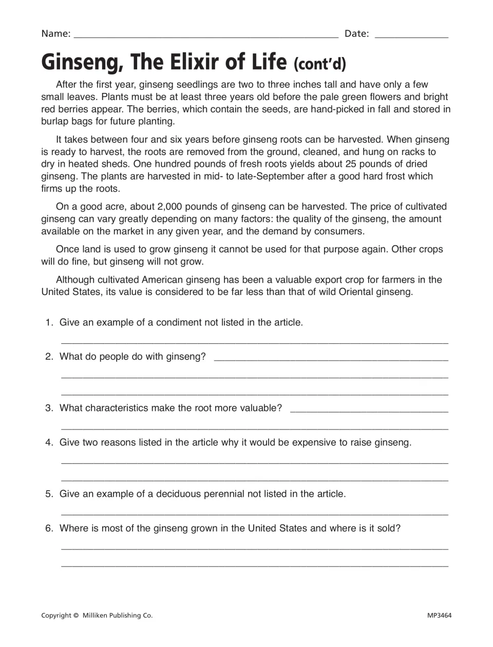 Second part of the ginseng passage covers growing and harvesting, followed by six written questions.