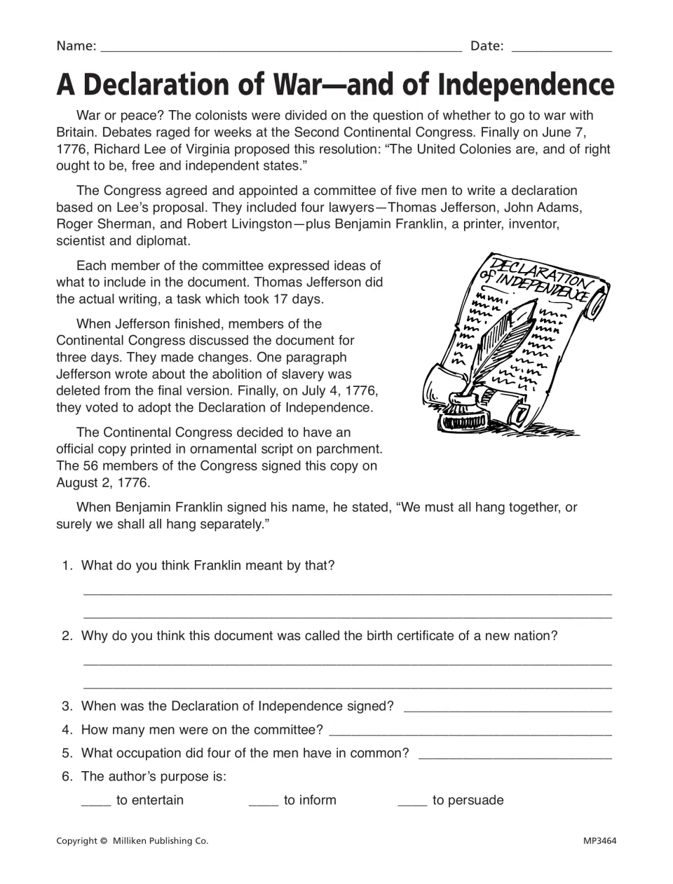Declaration of Independence reading passage followed by six questions, including the author's purpose.