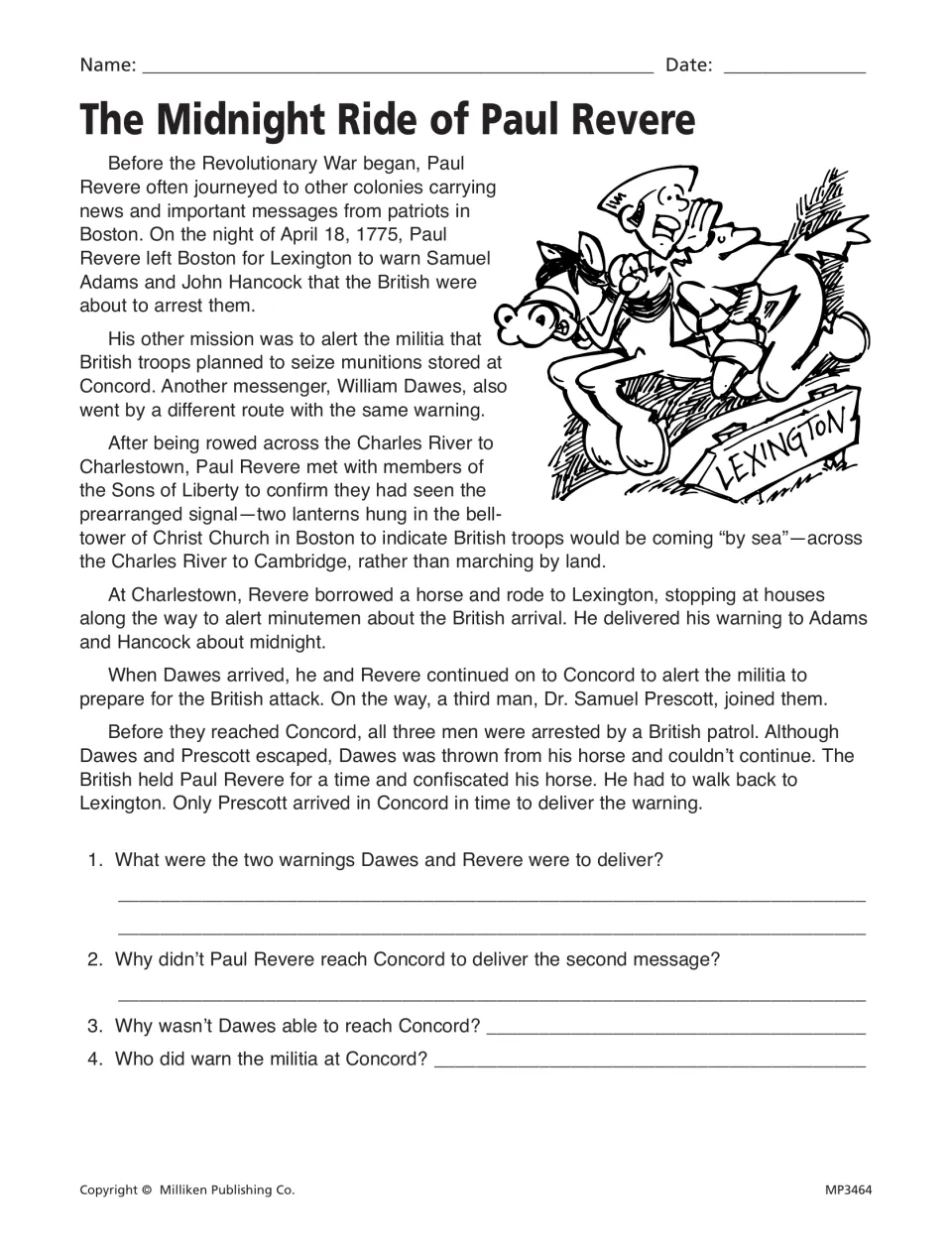 Paul Revere reading passage traces his midnight ride and includes four written comprehension questions.