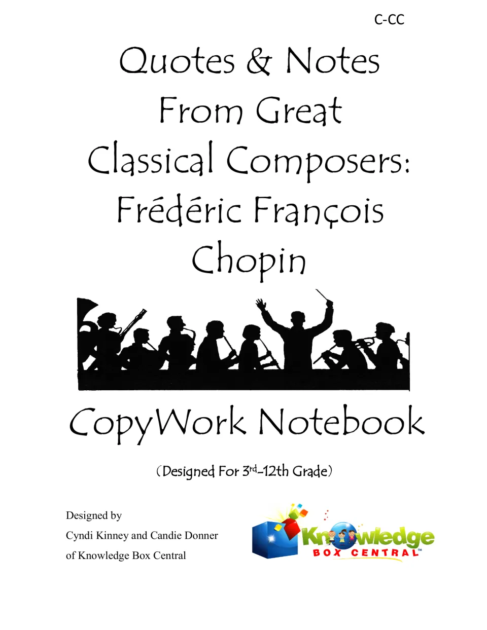 Chopin copywork notebook cover identifies Frédéric François Chopin as its subject and lists grades 3–12.