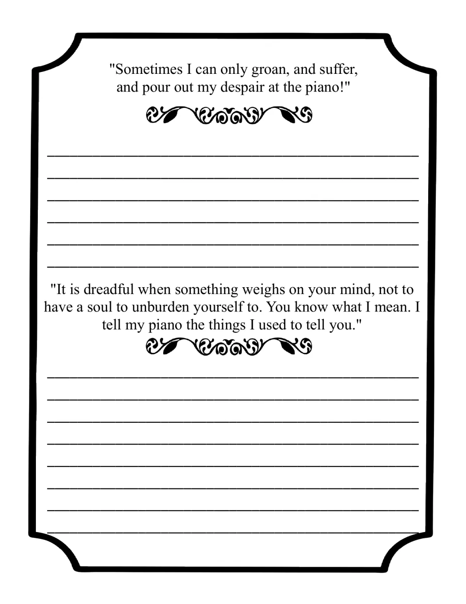 First copywork practice page pairs Chopin quotes about pouring despair into the piano and confiding in it.