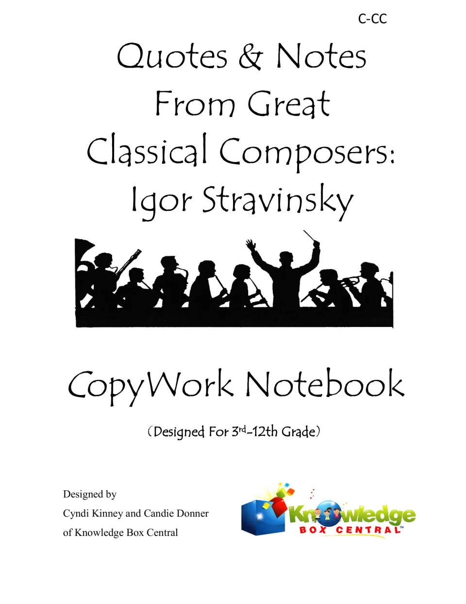 Cover of an Igor Stravinsky copywork notebook of composer quotes and notes, for 3rd-12th grade, with orchestra silhouette