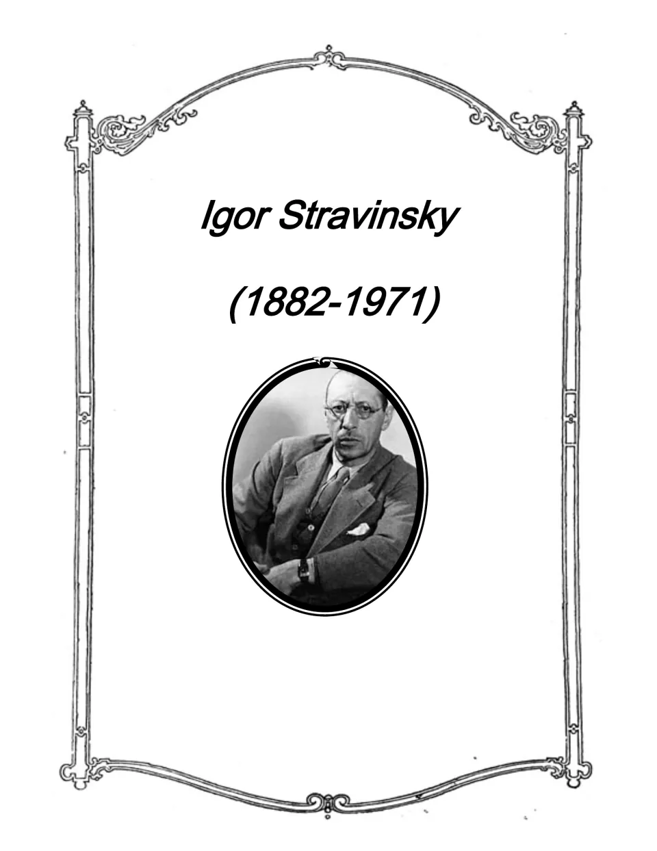 Igor Stravinsky (1882-1971) introduction page showing a black-and-white portrait of the composer in a suit and glasses