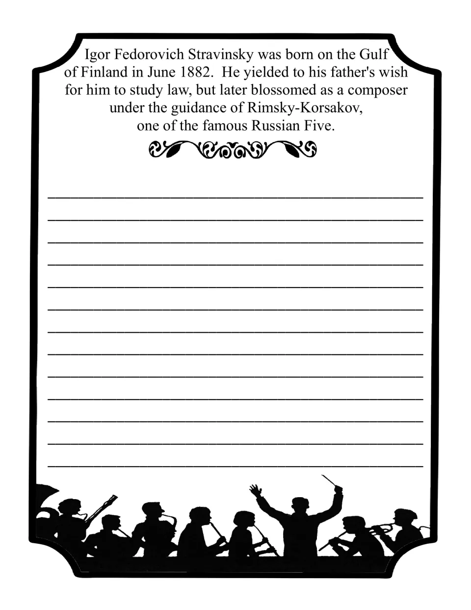 Stravinsky biography copywork: students hand-copy a note on his 1882 birth, law studies and training under Rimsky-Korsakov