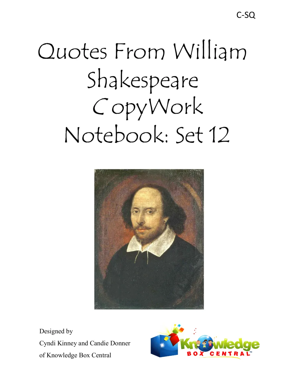 Cover of a Shakespeare CopyWork Notebook, Set 12, with a portrait of the playwright, by Cyndi Kinney and Candie Donner