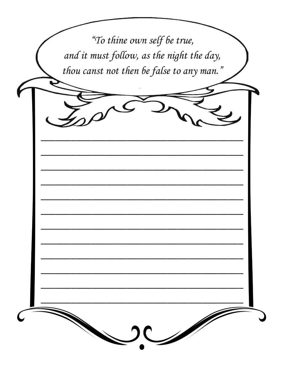 'To thine own self be true...' quote at the top; students copy the full three-line passage by hand onto the lines below