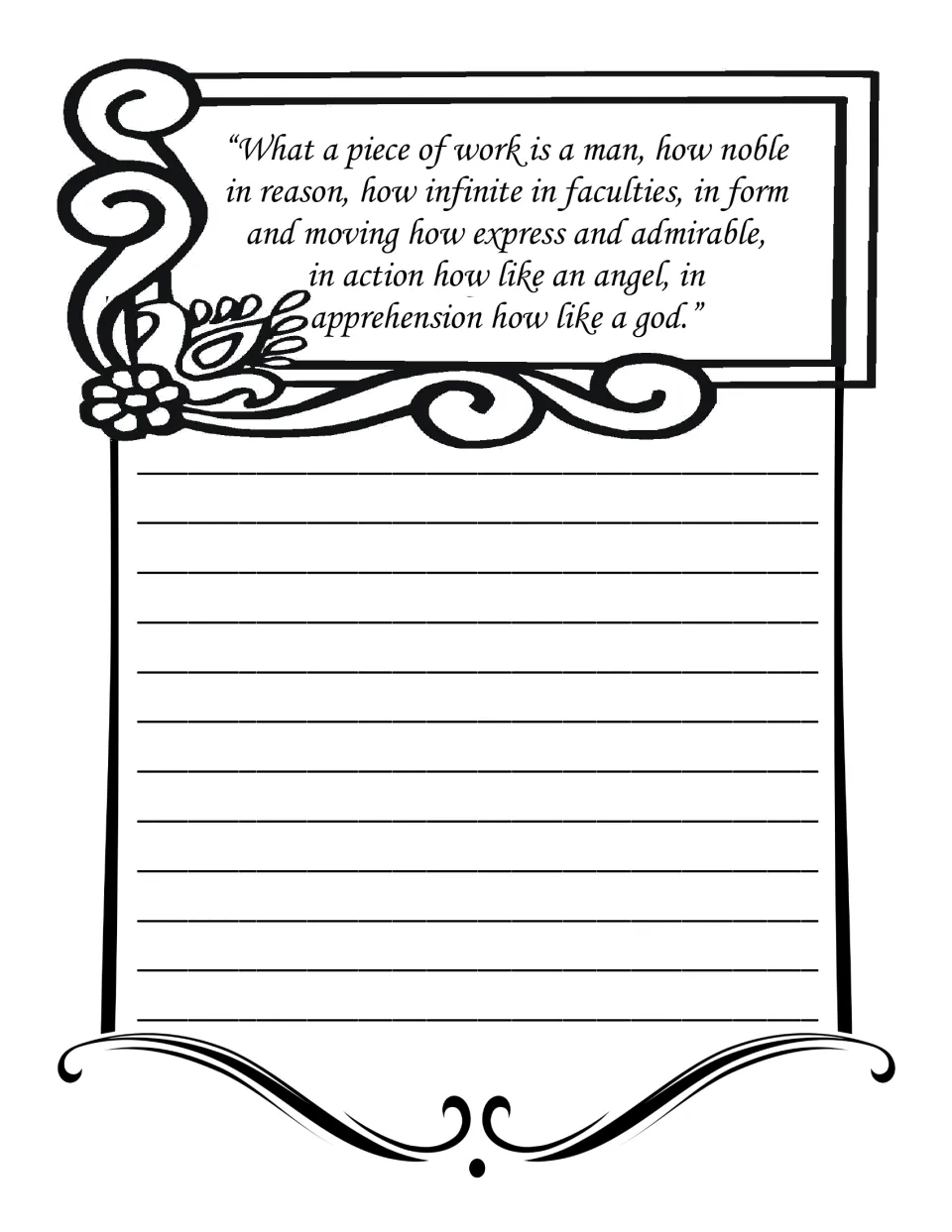 'What a piece of work is a man' passage on human reason and form; students copy this longer quotation in handwriting