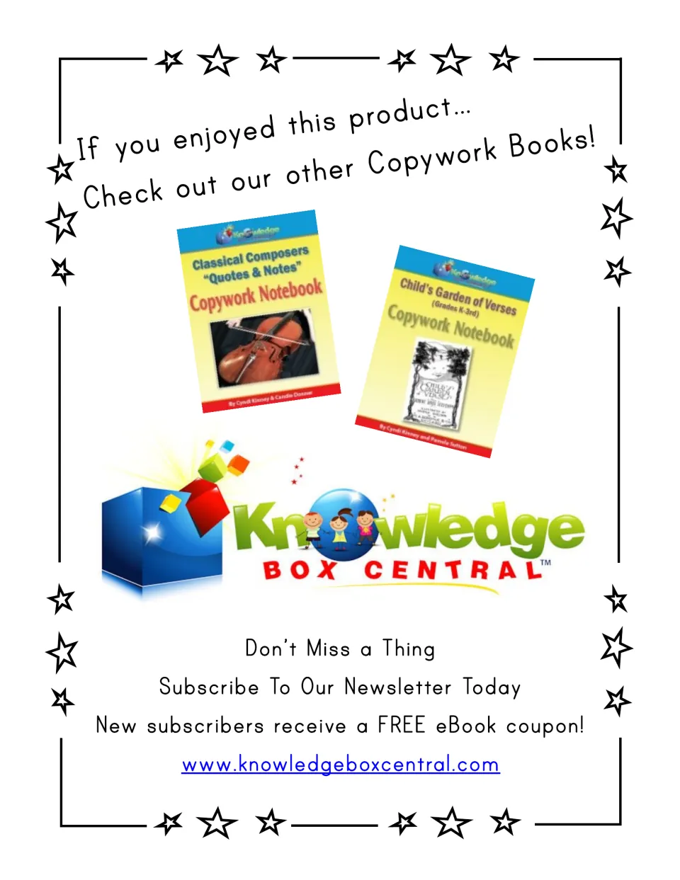 Knowledge Box Central ad showing two other copywork notebook covers and a newsletter sign-up offering a free eBook coupon