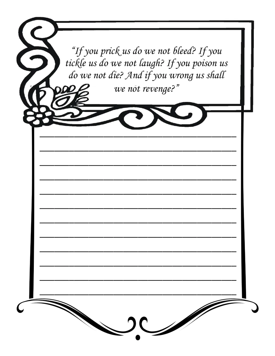Copywork on revenge: students hand-copy the passage 'If you prick us do we not bleed?' ending 'shall we not revenge?'