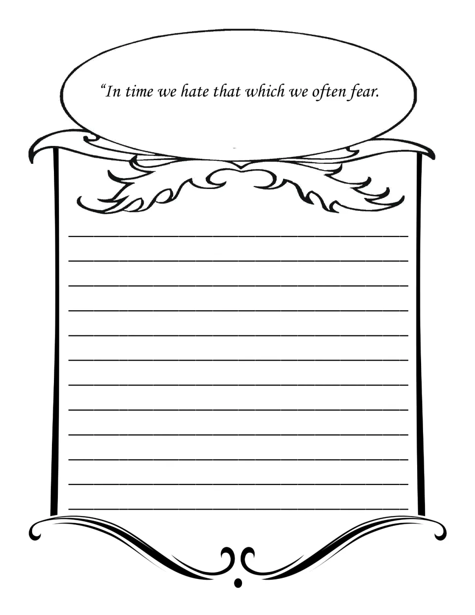 Copywork on fear: students write out the Shakespeare quote 'In time we hate that which we often fear' by hand