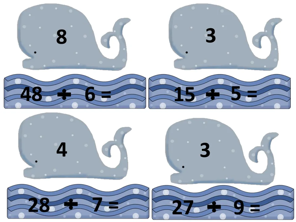 Whale and wave cards for matching quotients: 8, 3, 4 and 3 pair with 48 ÷ 6, 15 ÷ 5, 28 ÷ 7 and 27 ÷ 9 division facts