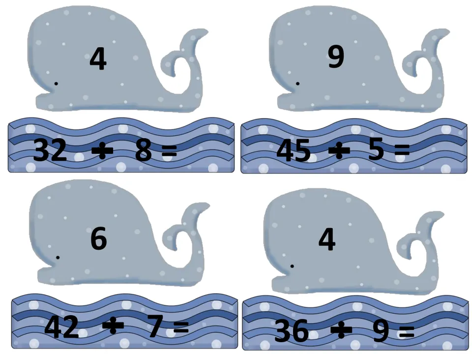 Final set of division fact cards: whale quotients 4, 9, 6 and 4 match wave problems 32 ÷ 8, 45 ÷ 5, 42 ÷ 7 and 36 ÷ 9