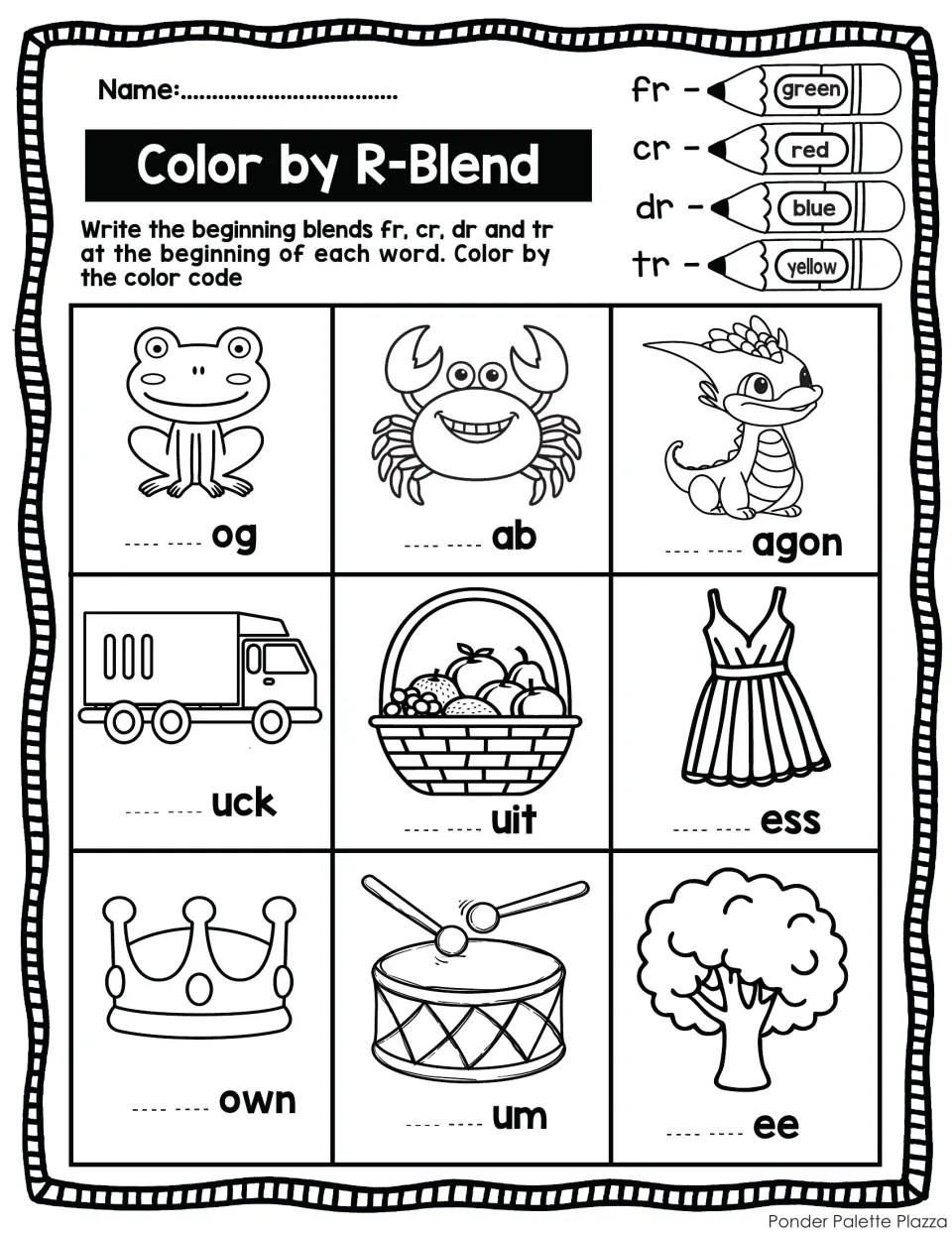 Color by R-Blend: students write fr, cr, dr or tr to finish 9 picture words like frog and crab, then color by code