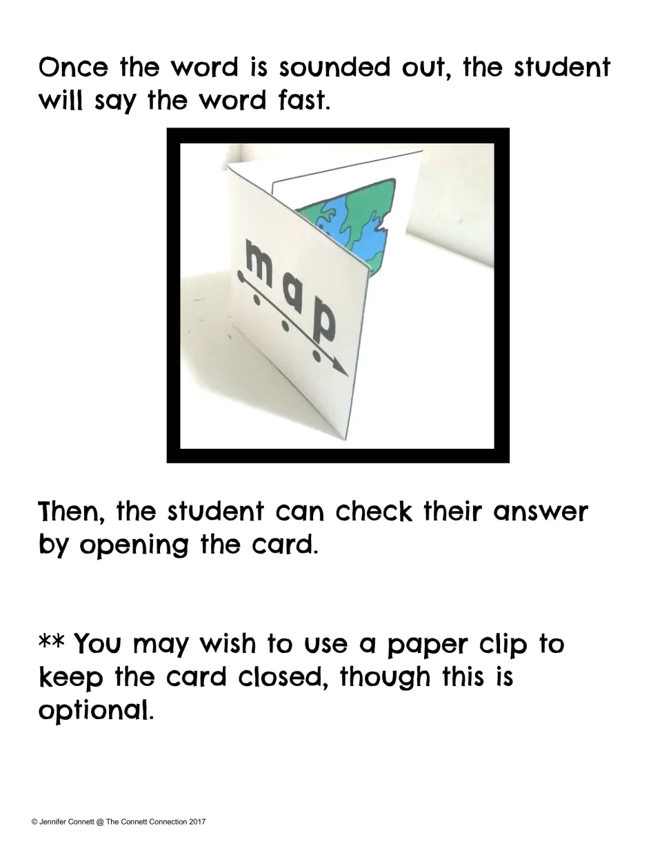 Directions: after sounding out the word, students say it fast, then open the folded card to check against the picture
