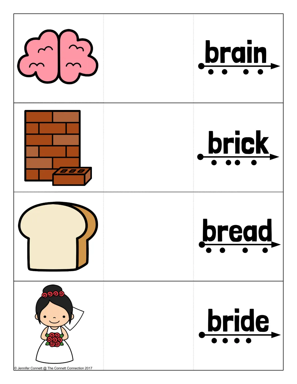 BR blend cards to cut out: brain, brick, bread and bride, each word with sound dots and an arrow beside a picture