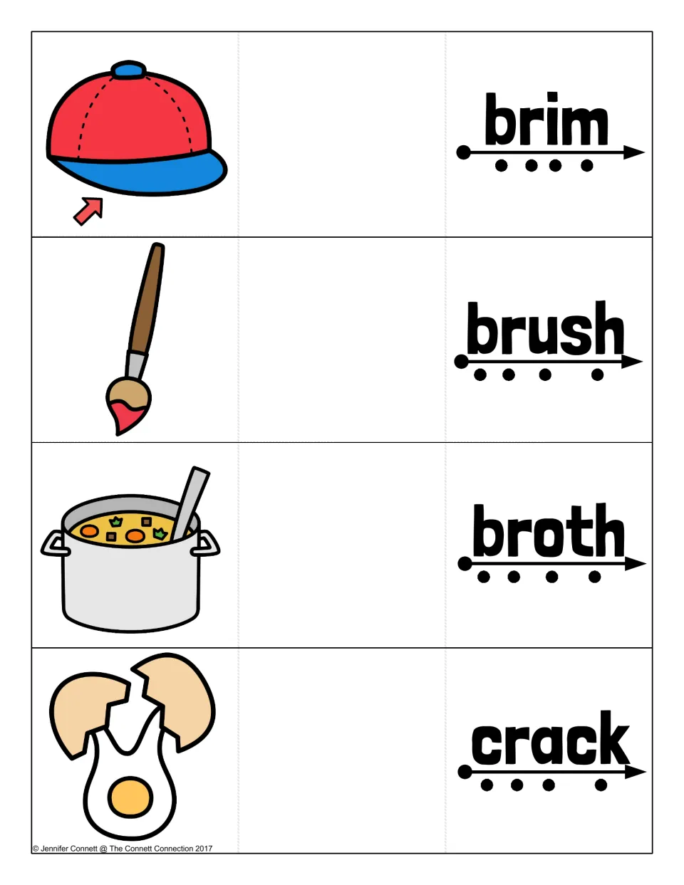 Brim, brush, broth and crack cards: students tap each sound dot to blend the word, then reveal the picture