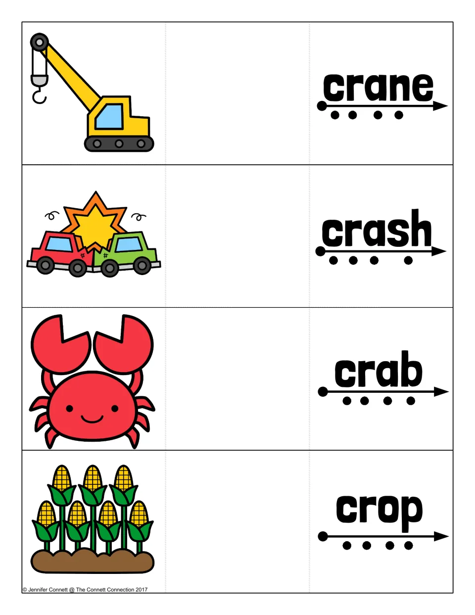 CR blend practice: crane, crash, crab and crop, each printed word paired with a matching picture hidden by the fold