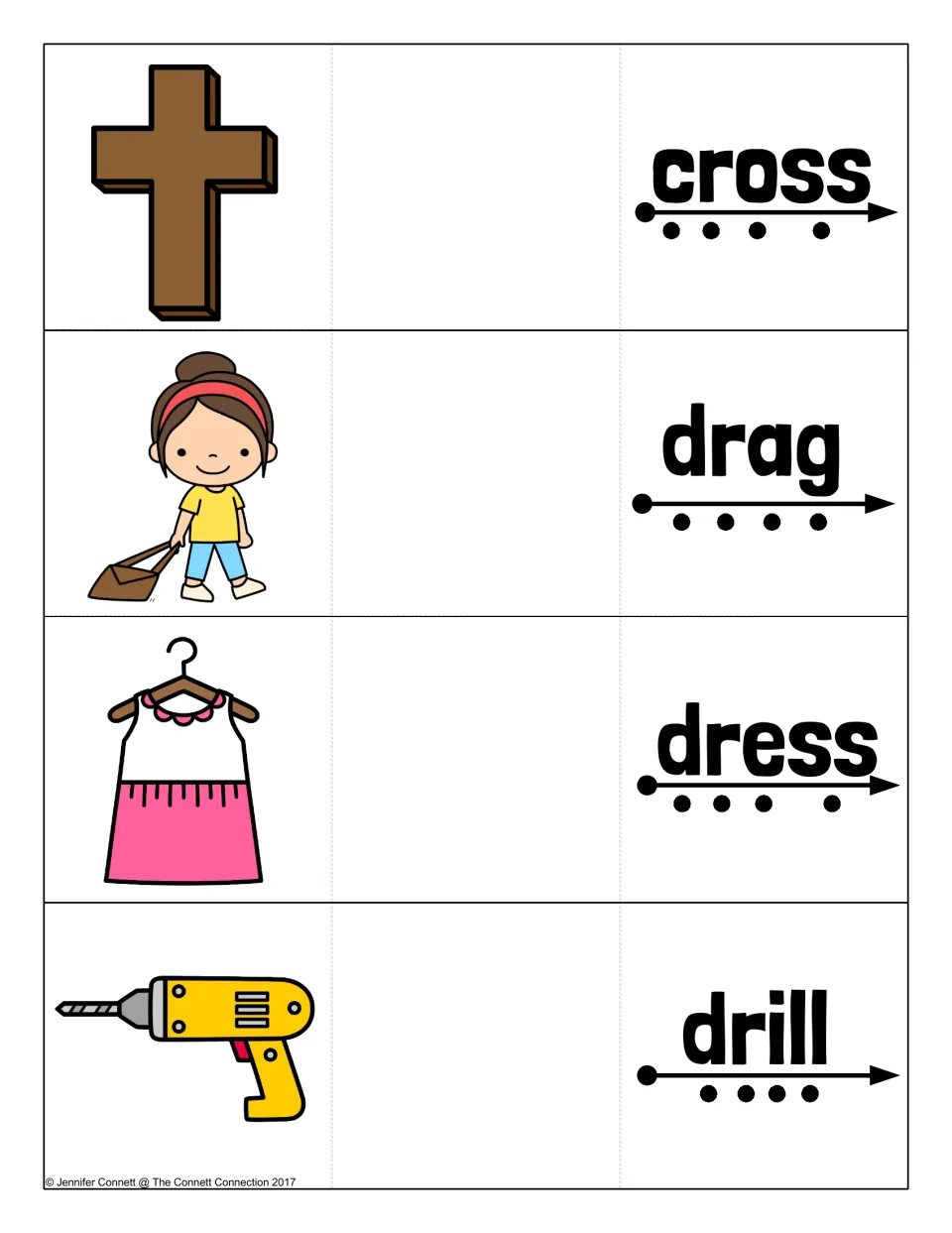 Cards for cross, drag, dress and drill: sounding out CR and DR words letter by letter along a dotted arrow