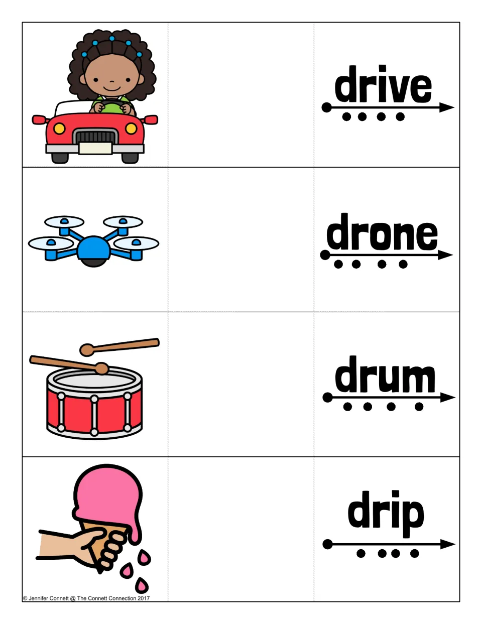 DR words: drive, drone, drum and drip, with a picture of each word revealed when the card is opened