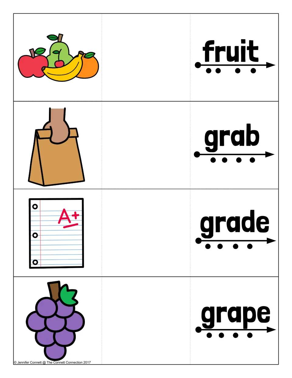 FR and GR word cards: fruit, grab, grade and grape, each picture folded behind its word for students to self-check