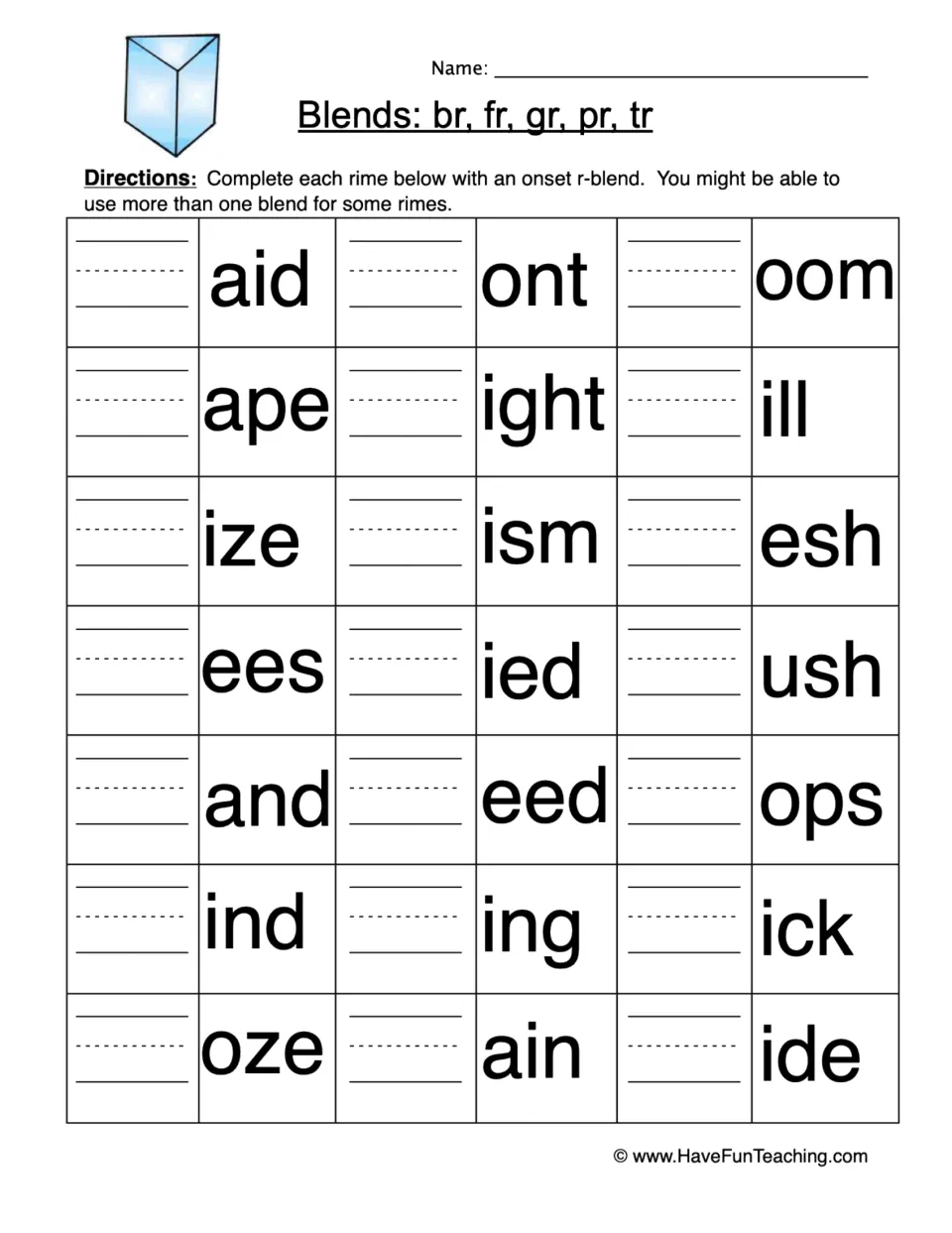 Blends br, fr, gr, pr, tr: students add an r-blend onset to 21 rimes such as aid, ight, esh and ush to build words