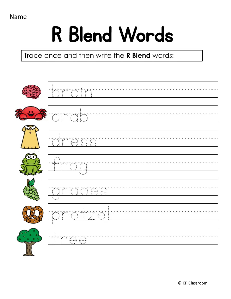 R blend handwriting: students trace, then write brain, crab, dress, frog, grapes, pretzel and tree beside each picture