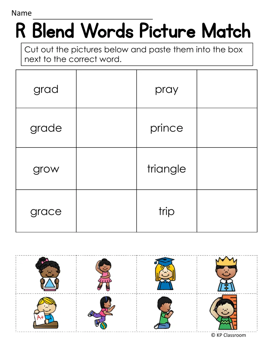 Gr, pr, tr picture match: students cut and paste pictures by grad, grade, grow, grace, pray, prince, triangle and trip