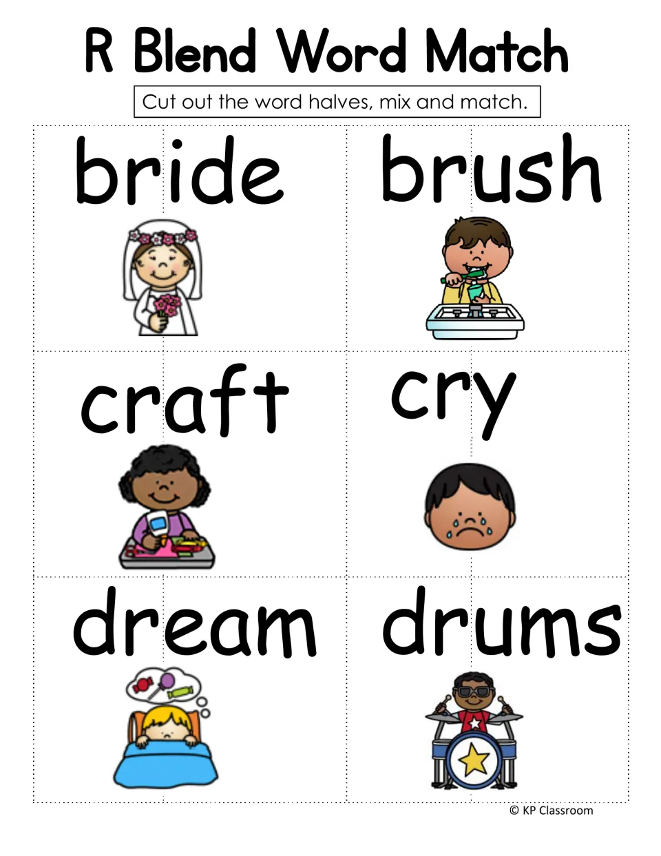 R blend word match: cut-out picture cards bride, brush, craft, cry, dream, drums for students to halve, mix and match