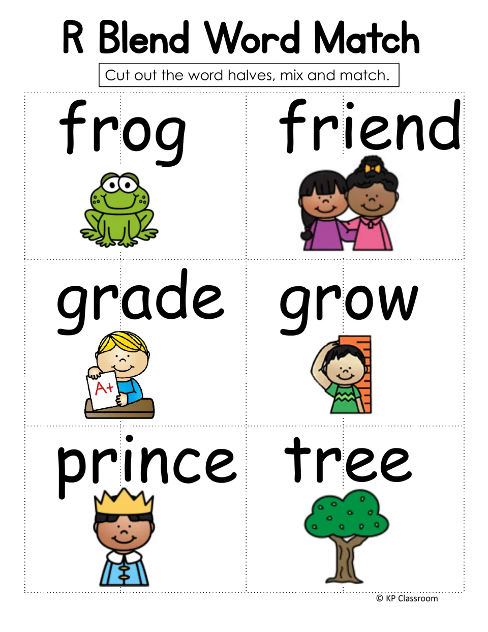 R blend word match, set 2: cut-out cards for frog, friend, grade, grow, prince and tree to split, mix and rejoin