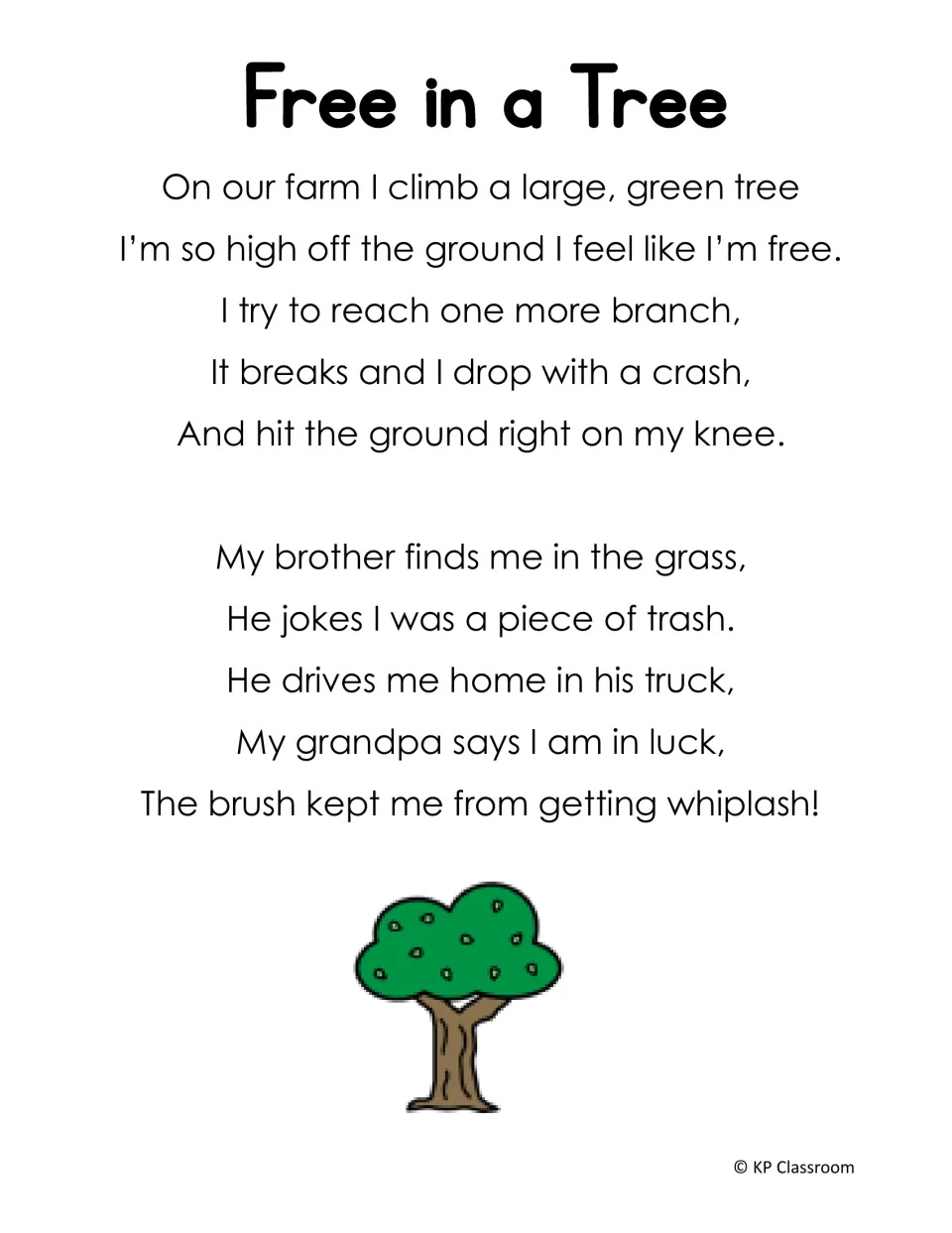 Poem 'Free in a Tree' about falling from a branch, packed with r blend words like tree, crash, brother, grass and truck