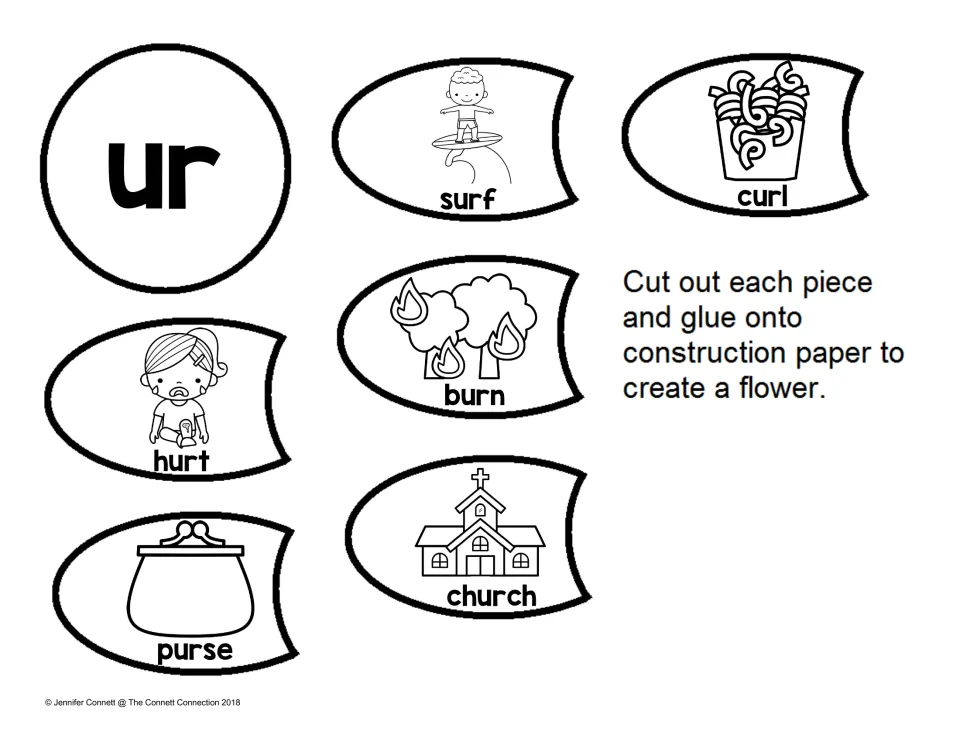 UR words flower: students cut out an ur center and petals labeled surf, curl, burn, hurt, church and purse, then glue