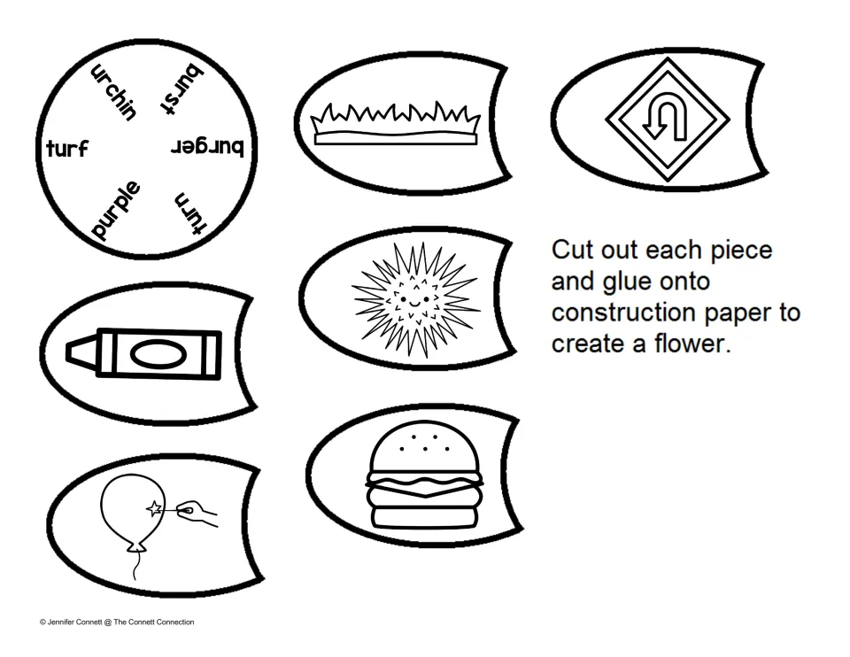 Second ur picture set: center lists urchin, burst, burger, turn, purple and turf; students match unlabeled picture petals