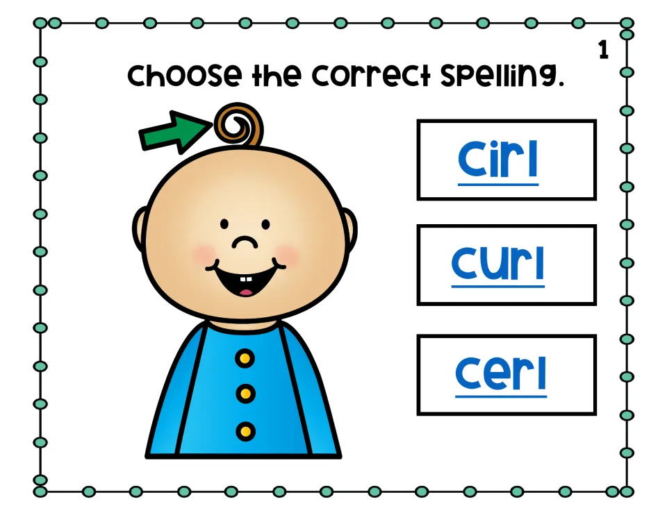 Question 1, -ur spelling: students look at a baby's curl and click the correct spelling from cirl, curl or cerl