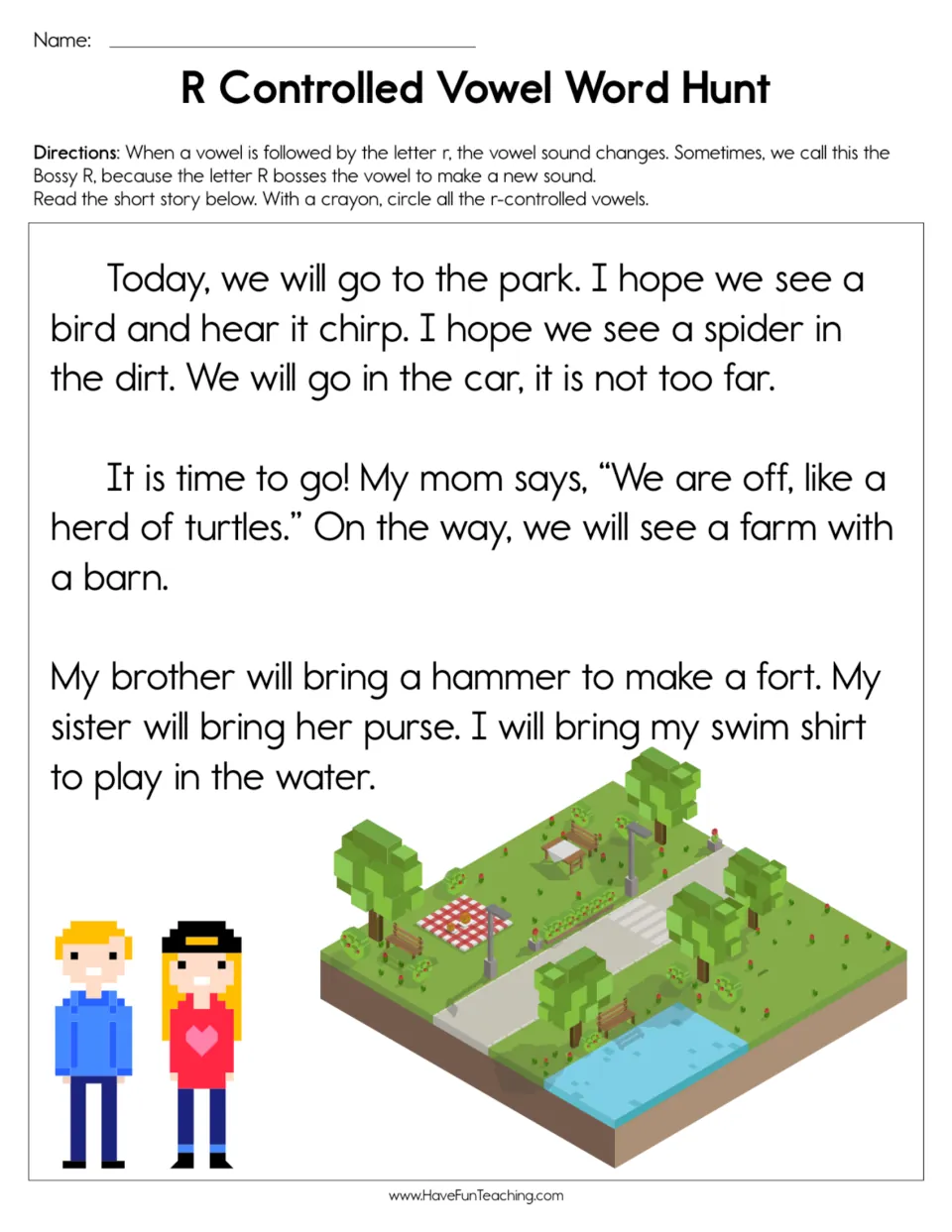 Bossy R story about a trip to the park: students read and circle every r-controlled vowel word with a crayon
