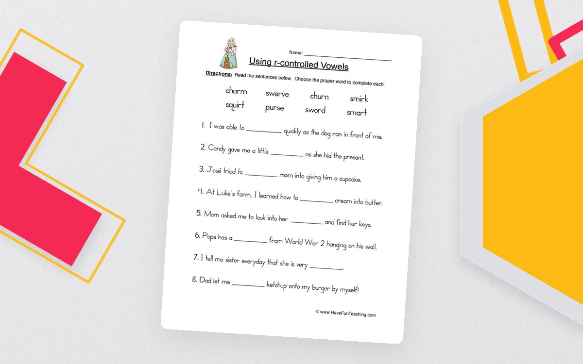 R-Controlled Vowels Worksheet – Fill in the Blank preview: Eight-word r-controlled vowel bank