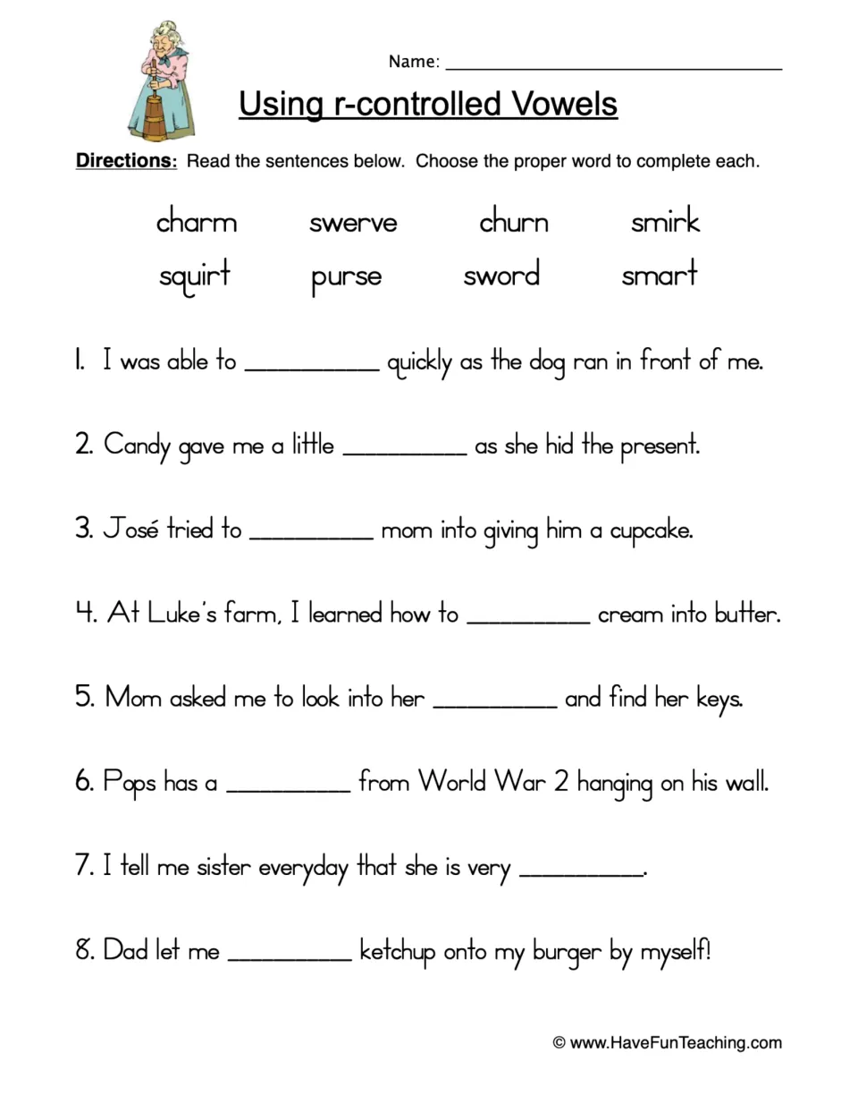 Using r-controlled vowels: students choose from 8 bank words like churn, sword and smirk to fill blanks in 8 sentences