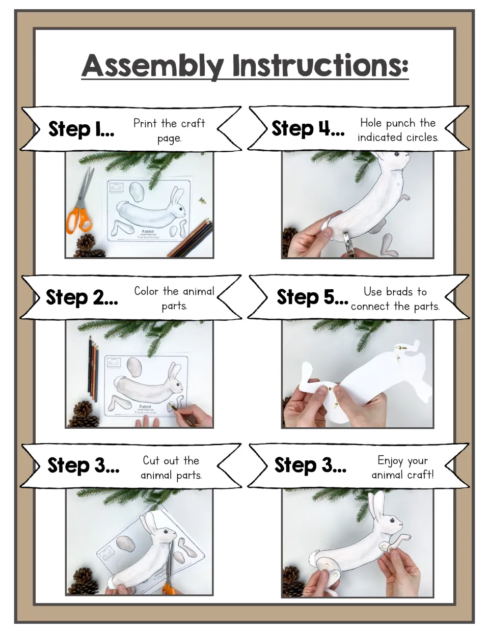 Rabbit craft photo instructions: print, color, cut out the parts, punch the circles, and connect with brads