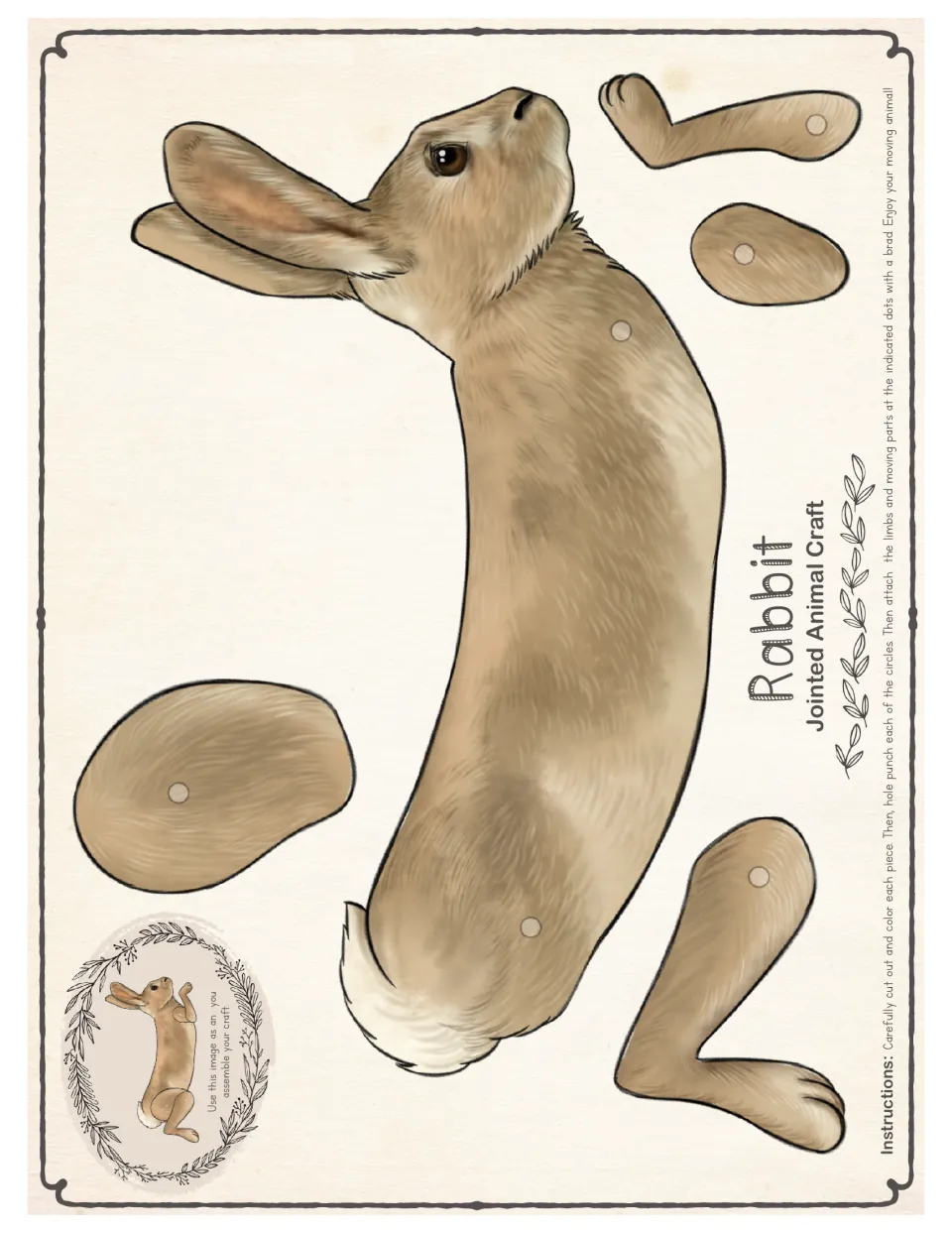 Full-size color rabbit craft template with a brown body, four separate limb pieces, and marked brad holes