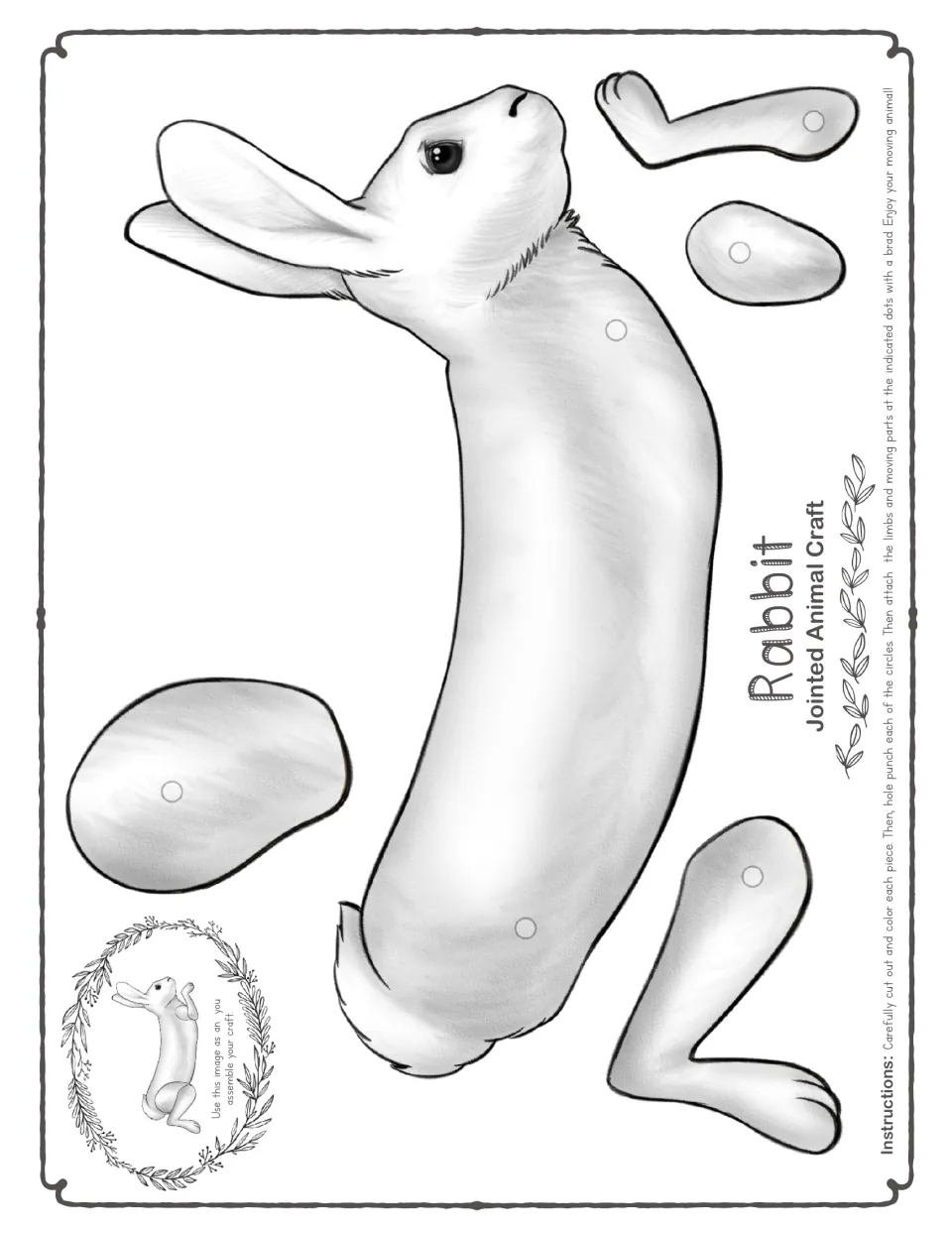 Full-size black-and-white rabbit craft template with a body, four limb pieces, and marked holes for brads