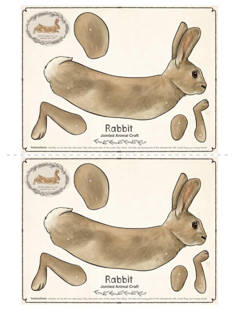Half-size color rabbit craft templates printed twice, each with a brown body and four separate limb pieces