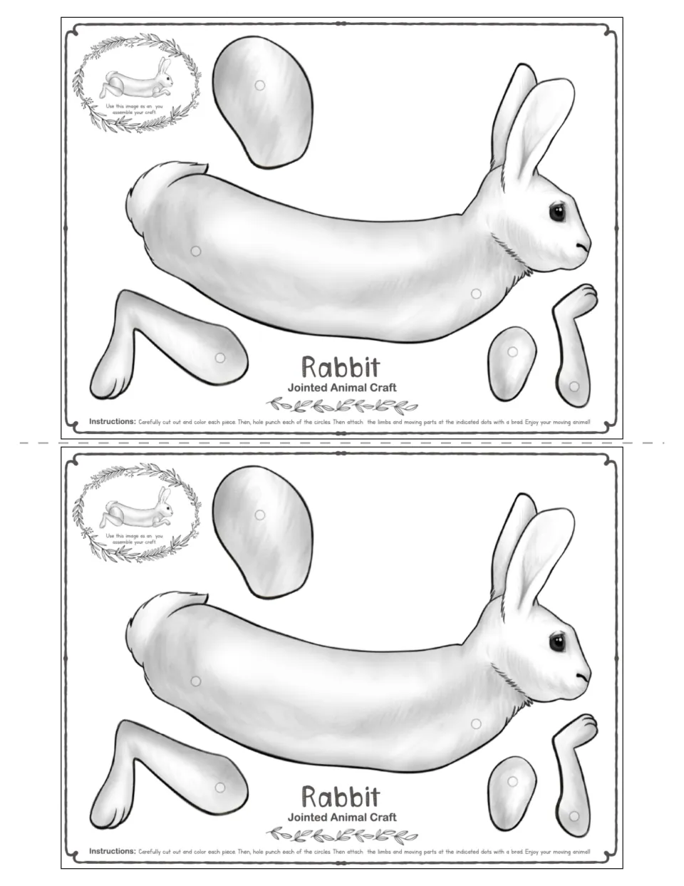 Half-size black-and-white rabbit craft templates printed twice, each with a body and four limb pieces